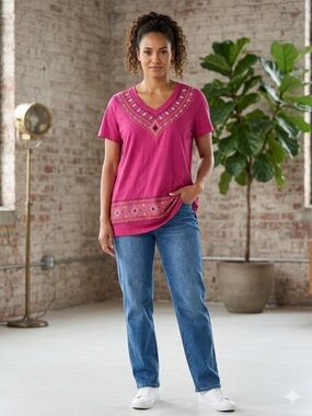 BLAIR Embroidered Boho V-Neck Top Pink 100% Cotton Sz Large